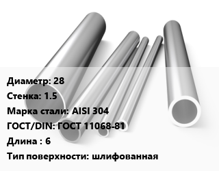 Труба нержавеющая 28х1.5 мм Сталь AISI 304 ГОСТ: ГОСТ 11068-81 L=6 шлифованная, метр, электросварная, импорт цена от 292099 Тг / т, где купить, условия доставки в Шымкенте и Южно-Казахстанской области